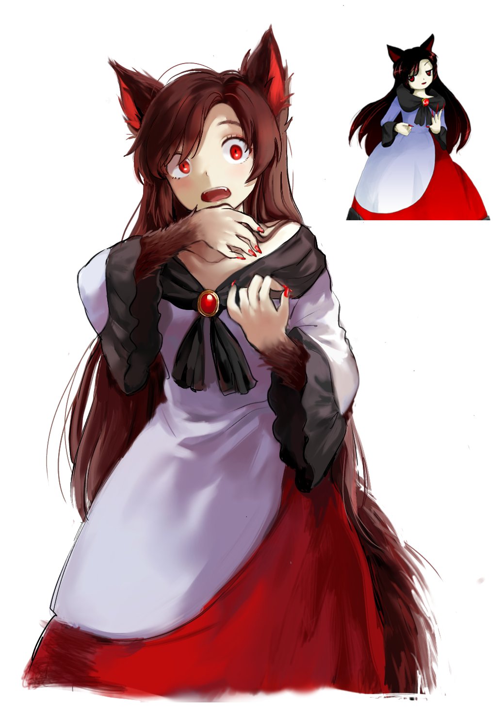 1girl animal_ears bangs brooch brown_hair collarbone double_dealing_character dress english_commentary frilled_sleeves frills highres himuhino imaizumi_kagerou jewelry long_dress long_hair long_sleeves multicolored_clothes multicolored_dress off-shoulder_dress off_shoulder open_mouth red_dress red_eyes red_nails simple_background tail touhou very_long_hair white_background white_dress wolf_ears wolf_tail