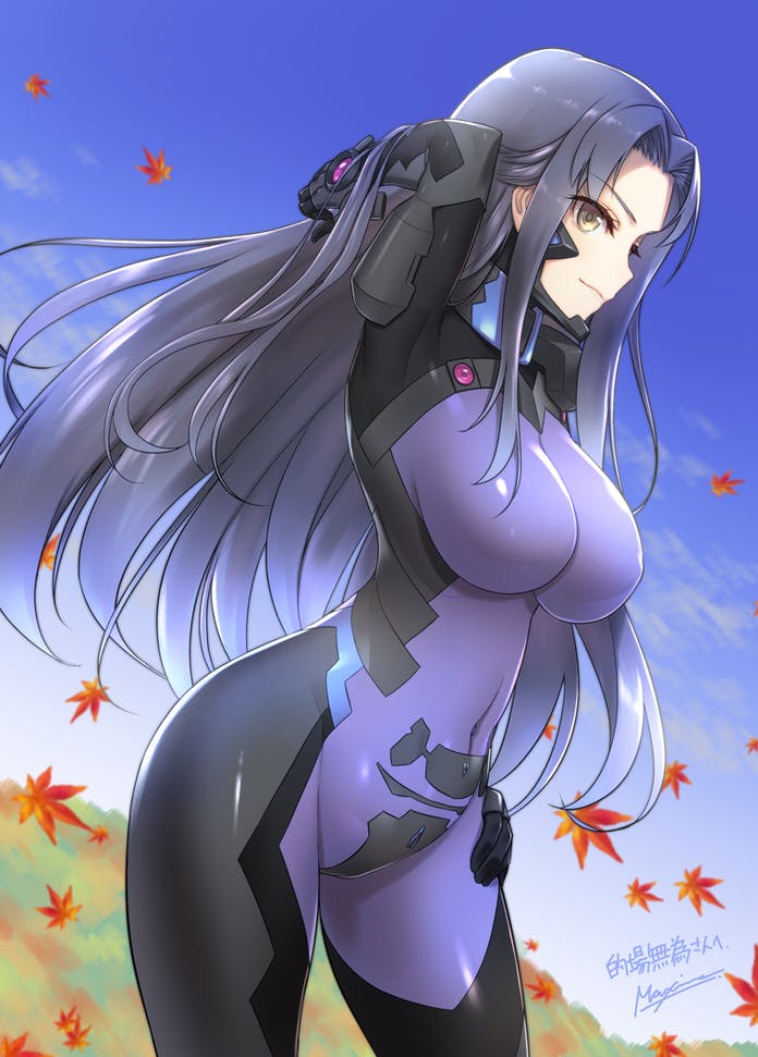 1girl autumn_leaves bangs blue_hair breasts clouds commission fortified_suit from_side hand_on_hip long_hair looking_at_viewer makishima_azusa medium_breasts muvluv muvluv_alternative original parted_bangs pilot_suit signature skeb_commission skin_tight sky smile solo yellow_eyes