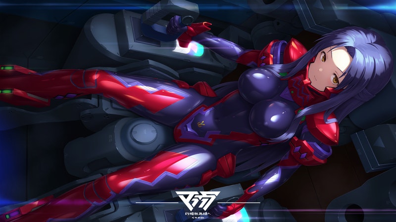 1girl bangs blue_hair breasts brown_eyes cockpit commission covered_nipples fortified_suit from_above holding kurione_(zassou) large_breasts looking_at_viewer looking_up muvluv muvluv_alternative original parted_bangs pilot_suit science_fiction sitting skeb_commission skin_tight solo