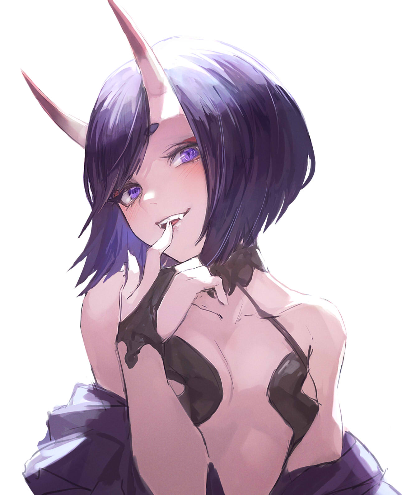 1girl bangs bare_shoulders bob_cut breasts bridal_gauntlets eyebrows_visible_through_hair eyeliner fangs fate/grand_order fate_(series) finger_to_mouth highres horns japanese_clothes kimono looking_at_viewer makeup off-shoulder_kimono oni oni_horns open_clothes open_kimono open_mouth otsukemono purple_hair purple_kimono revealing_clothes short_eyebrows short_hair shuten_douji_(fate) simple_background skin-covered_horns small_breasts smile solo violet_eyes white_background