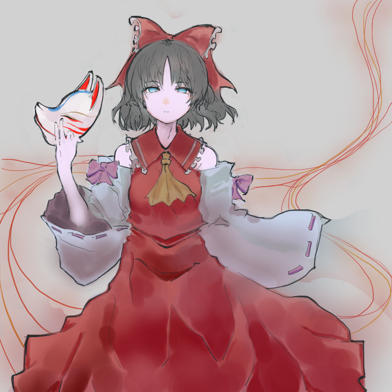 1girl akitsu_(davis0527dx) bangs bow brown_hair collarbone detached_sleeves dress expressionless fox_mask hakurei_reimu looking_to_the_side mask mask_removed medium_hair red_dress simple_background solo string string_of_fate touhou wavy_hair