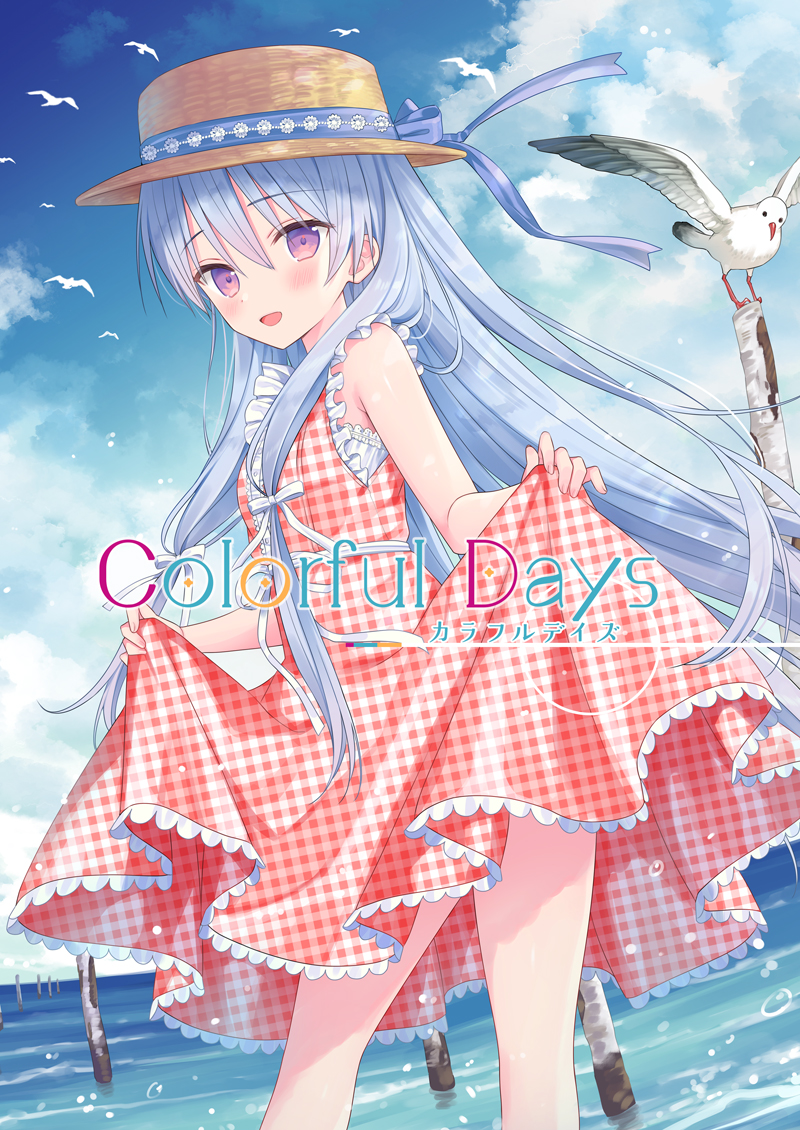 1girl :d animal bangs bird blue_bow blue_hair blue_sky blush bow brown_headwear clouds cloudy_sky commentary_request day dress eyebrows_visible_through_hair hair_between_eyes hair_bow hat hat_bow horizon long_hair looking_at_viewer ocean original outdoors plaid plaid_dress red_dress seagull skirt_hold sky smile solo standing unmoving_pattern very_long_hair violet_eyes water white_bow yuuki_rika