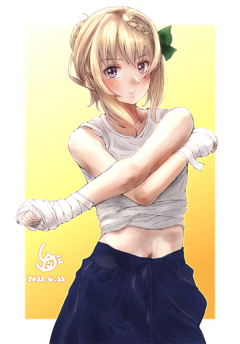 1girl alternate_costume artist_logo bandaged_hand bandages bangs blonde_hair blue_shorts border braid dated eyebrows_visible_through_hair hair_bun highres kantai_collection ld_(luna_dial398) looking_at_viewer midriff_peek navel parted_lips perth_(kancolle) shirt shorts sleeveless sleeveless_shirt solo stretch violet_eyes white_border white_shirt yellow_background