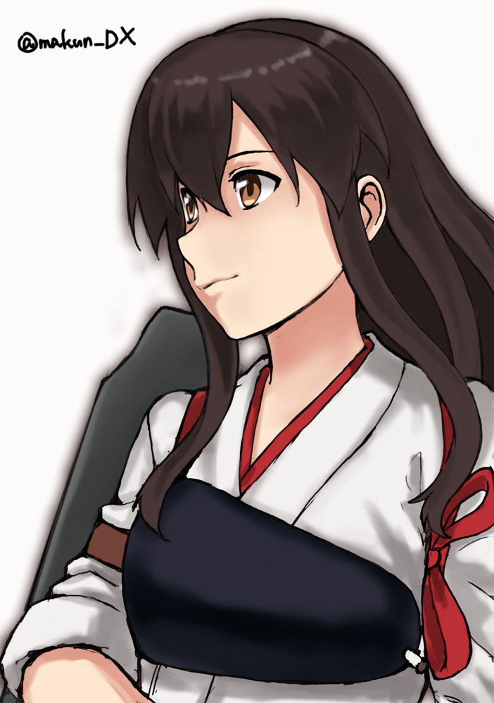 1girl akagi_(kancolle) brown_eyes brown_hair flight_deck japanese_clothes kantai_collection long_hair looking_up makun_dx muneate one-hour_drawing_challenge simple_background solo straight_hair tasuki twitter_username upper_body white_background