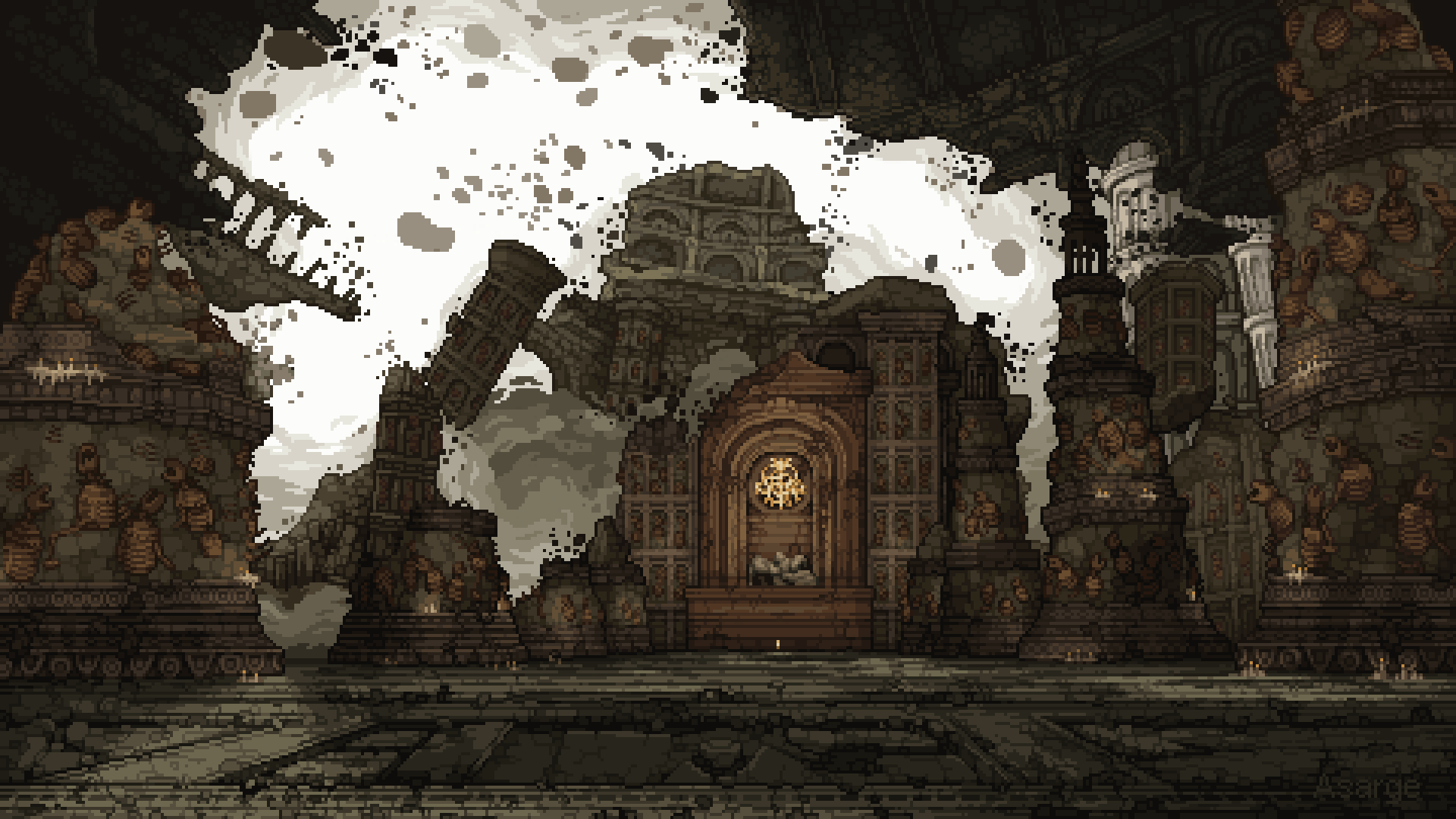 andresargeant candle destruction elden_ring english_commentary highres no_humans pixel_art ruins stone