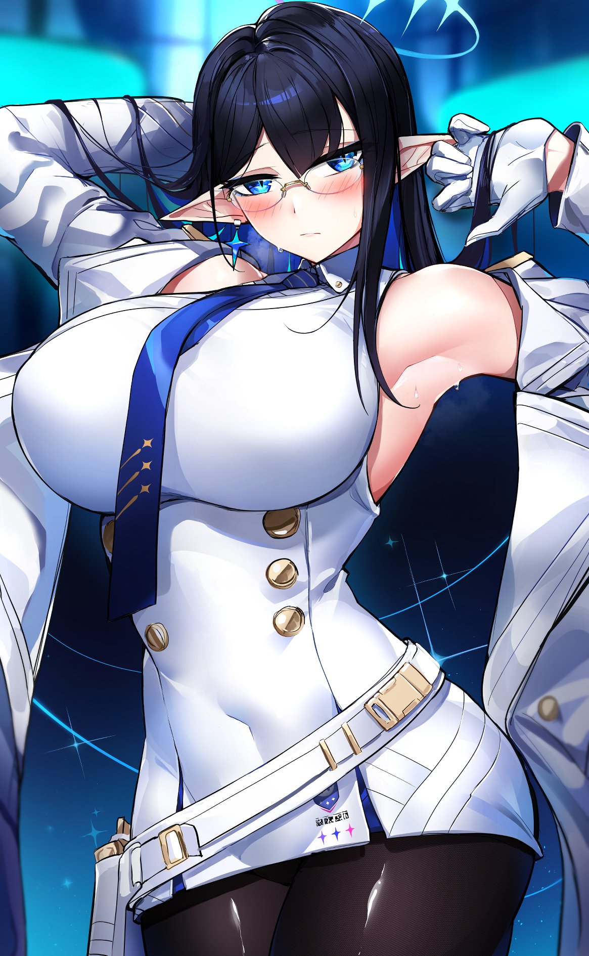 1girl arms_up bare_shoulders belt black_hair blue_archive blue_eyes blue_necktie blush breasts casul dress earrings glasses gloves gold_trim halo highres jacket jewelry large_breasts necktie open_clothes open_jacket pantyhose pointy_ears rin_(blue_archive) sweat sweatdrop white_belt white_dress white_gloves white_jacket