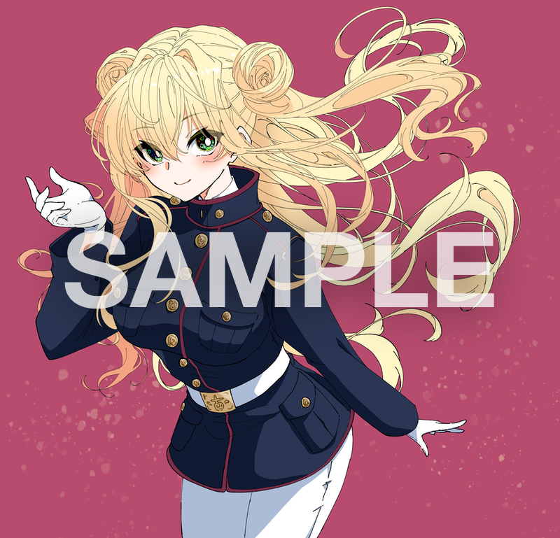 1girl bangs belt black_jacket blonde_hair breasts bright_pupils commission double_bun english_commentary eyebrows_visible_through_hair floating_hair gloves green_eyes hair_behind_ear jacket kamon_rider lilia_kjellberg long_hair looking_at_viewer medium_breasts muvluv muvluv_alternative muvluv_unlimited:_the_day_after open_hands pants pink_background sample_watermark skeb_commission smile solo two_side_up united_states_marine_corps very_long_hair white_belt white_gloves white_pants white_pupils