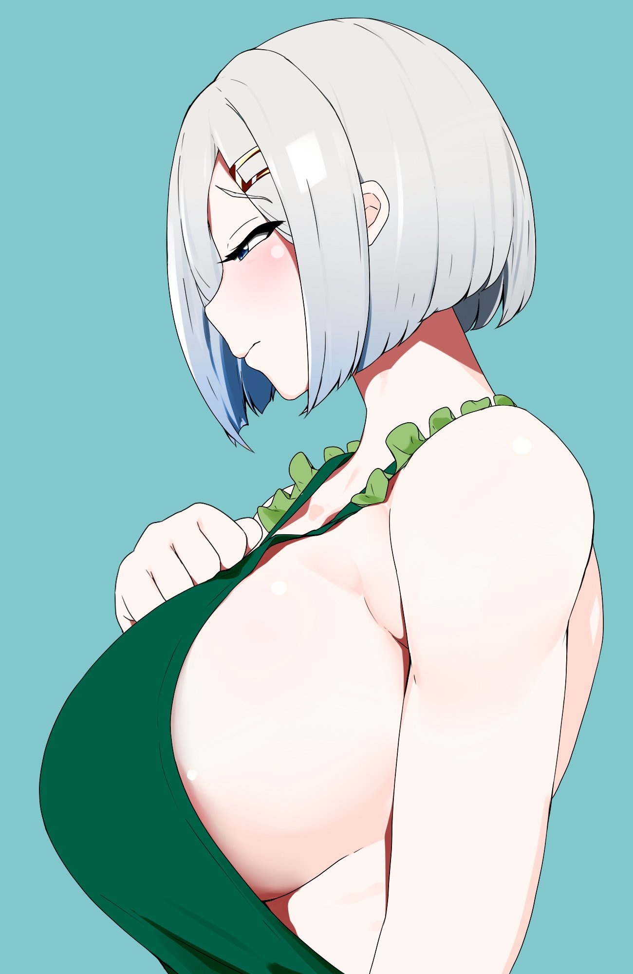 1girl blue_background blue_eyes blush breasts closed_mouth collarbone dress from_side green_dress hair_ornament hair_over_one_eye hairclip hamakaze_(kancolle) hauto-san highres huge_breasts kantai_collection naked_apron no_bra short_hair sideboob silver_hair simple_background solo upper_body
