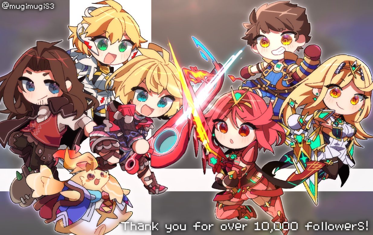 3girls 4boys aegis_sword_(xenoblade) bangs blonde_hair breasts chest_jewel chibi dress dunban_(xenoblade) fiora_(xenoblade) large_breasts long_hair mecha-fiora monado mugimugis multiple_boys multiple_girls mythra_(xenoblade) pyra_(xenoblade) red_eyes red_shorts redhead rex_(xenoblade) riki_(xenoblade) short_dress short_hair short_shorts shorts shulk_(xenoblade) swept_bangs very_long_hair white_dress xenoblade_chronicles xenoblade_chronicles_(series) xenoblade_chronicles_2 yellow_eyes