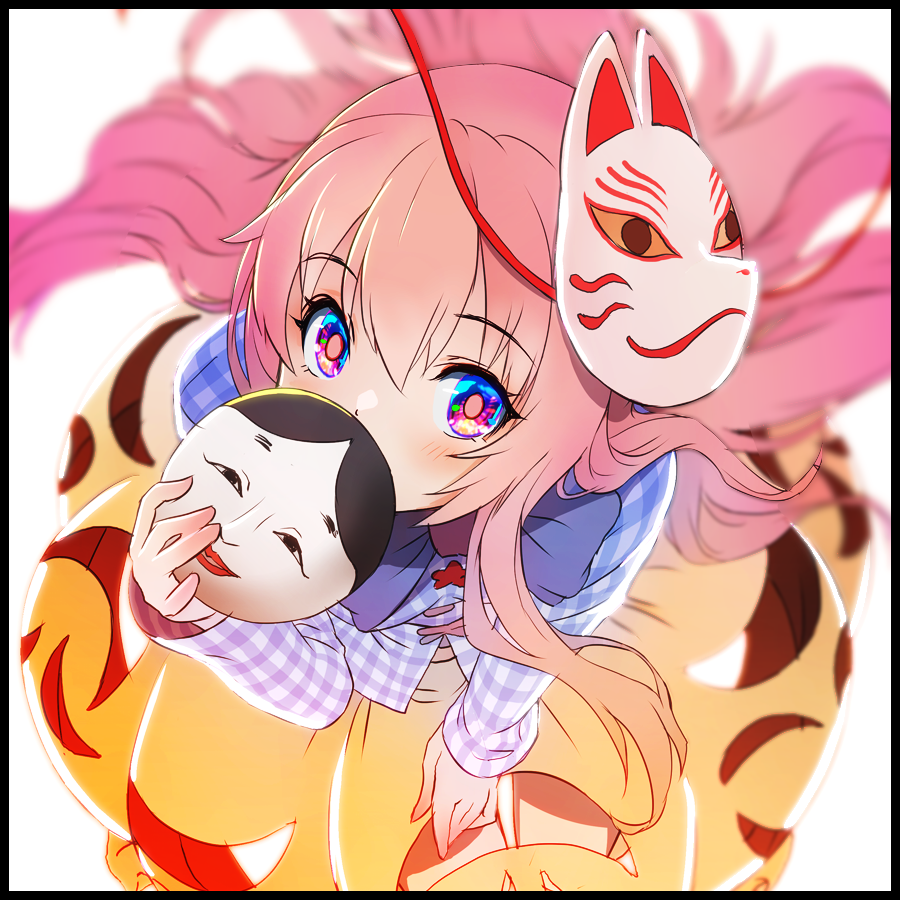 1girl bangs black_border blue_shirt blurry blush border bow bowtie bubble_skirt circle covered_mouth depth_of_field expressionless eyebrows_visible_through_hair fox_mask from_above hata_no_kokoro holding holding_mask letterboxed long_hair long_sleeves looking_at_viewer mask mask_on_head orange_skirt pink_bow pink_eyes pink_hair plaid plaid_shirt shiroi_karasu shirt sidelocks skirt solo touhou very_long_hair