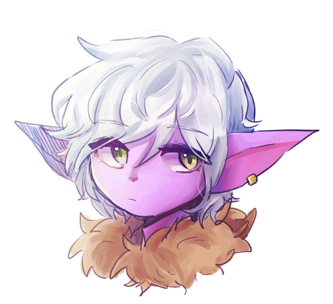 1girl bangs colored_skin cropped_shoulders earrings eyebrows_visible_through_hair fur_collar grey_background jewelry league_of_legends messy_hair nipeu_nip_(yord13) pink_skin pointy_ears portrait shiny shiny_hair short_hair simple_background solo tristana white_hair