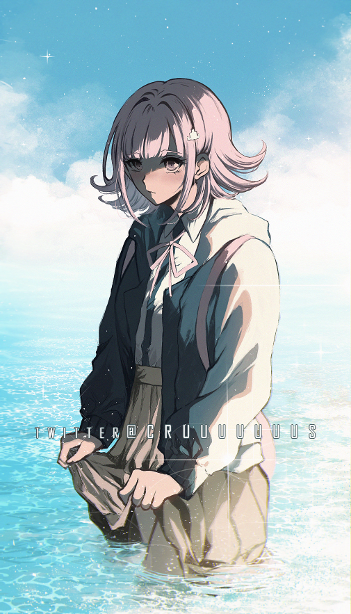 1girl artist_name backpack bag bangs blunt_bangs blush brown_skirt closed_mouth clothes_lift collared_shirt criis-chan danganronpa_(series) danganronpa_2:_goodbye_despair eyebrows_visible_through_hair flipped_hair hair_ornament hood hood_down jacket long_sleeves medium_hair nanami_chiaki neck_ribbon ocean open_clothes open_jacket photo-referenced pink_eyes pink_ribbon pleated_skirt ribbon shirt shirt_tucked_in skirt skirt_lift solo two-tone_shirt wading water white_shirt