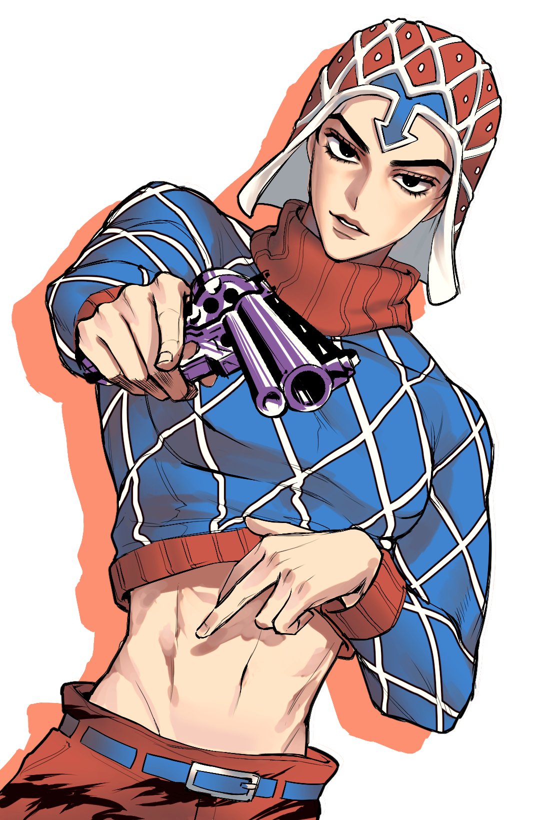 1boy abs argyle argyle_sweater black_eyes crop_top guido_mista gun hat highres jojo_no_kimyou_na_bouken midriff ranch_jjba revolver solo sweater turtleneck vento_aureo weapon