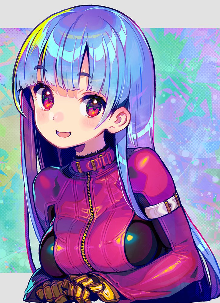 armband bangs belt_collar blush breast_press breasts collar commentary_request eyebrows_visible_through_hair gauntlets gloves hime_cut jacket kula_diamond leather leather_jacket light_blue_hair long_hair long_sleeves looking_at_viewer multicolored_background onono_imoko open_mouth pink_jacket red_eyes smile solo the_king_of_fighters upper_body yellow_gloves zipper