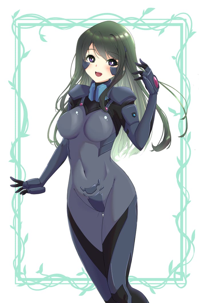 1girl :d blush border commission covered_navel eyebrows_visible_through_hair fortified_suit green_border green_hair head_tilt kamon_rider kazama_touko looking_to_the_side muvluv muvluv_alternative muvluv_alternative_(anime) open_mouth pilot_suit skeb_commission skin_tight smile solo violet_eyes white_background