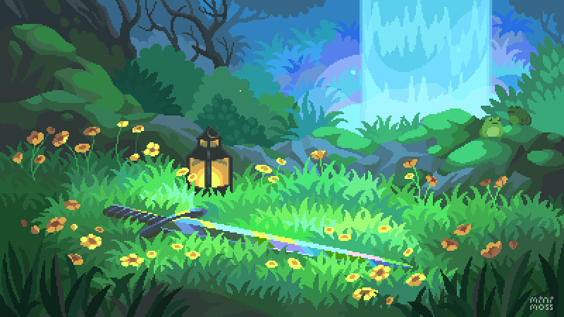 animated animated_gif artist_name english_commentary flower frog grass lantern mini-moss moss nature no_humans original outdoors pixel_art sword tree water waterfall weapon yellow_flower