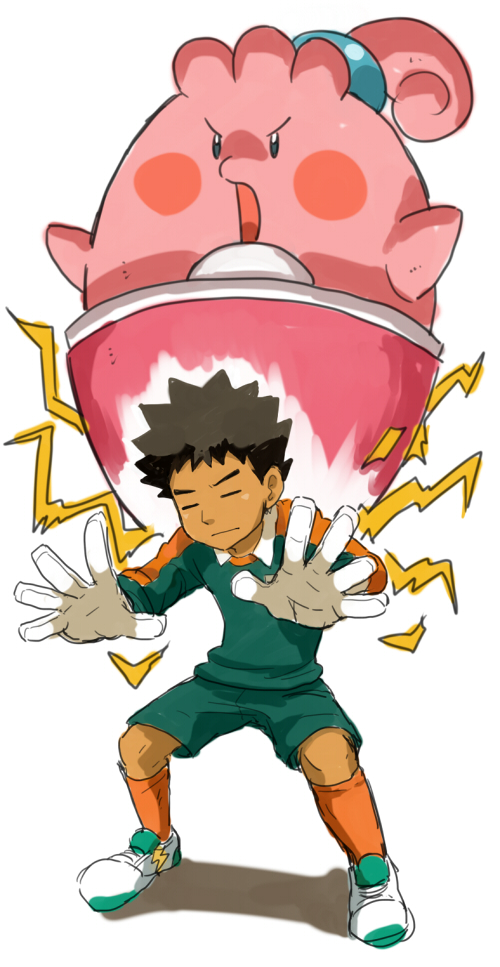 1boy arms_up blue_eyes blush_stickers brock_(pokemon) brown_hair closed_eyes closed_mouth collared_shirt commentary_request cosplay egg electricity gloves green_shirt green_shorts hands_up happiny kinashi kneehighs lightning_bolt_symbol male_focus open_mouth orange_legwear pokemon pokemon_(creature) pokemon_(game) pokemon_rgby shirt shoes short_hair shorts simple_background sketch soccer_uniform spiky_hair sportswear spread_fingers tachimukai_yuuki tachimukai_yuuki_(cosplay) v-shaped_eyebrows white_background white_footwear white_gloves