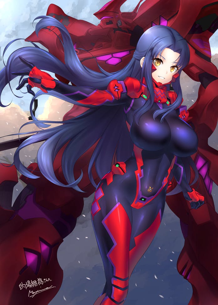 1girl bangs blue_hair breasts brown_eyes clenched_hand commission covered_navel fortified_suit hair_behind_ear large_breasts long_hair makishima_azusa mecha muvluv muvluv_alternative open_hand original parted_lips pilot_suit skeb_commission skin_tight smile tactical_surface_fighter takemikazuchi_(muvluv) very_long_hair visor