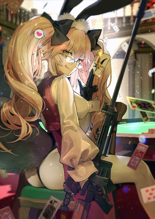 1girl animal_ear_fluff animal_ears ass black_ribbon breasts card casino casino_card_table fate/grand_order fate_(series) female_ass fox_ears fox_girl fox_tail glasses gun hair_ribbon holding holding_card holding_weapon joker_(card) koyanskaya_(assassin)_(second_ascension)_(fate) koyanskaya_(fate) large_breasts leotard looking_at_viewer official_art pink_hair playing_card ribbon rifle sitting sniper_rifle tail tamamo_(fate) thong_leotard tongue tongue_out twintails wada_arco weapon yellow_eyes