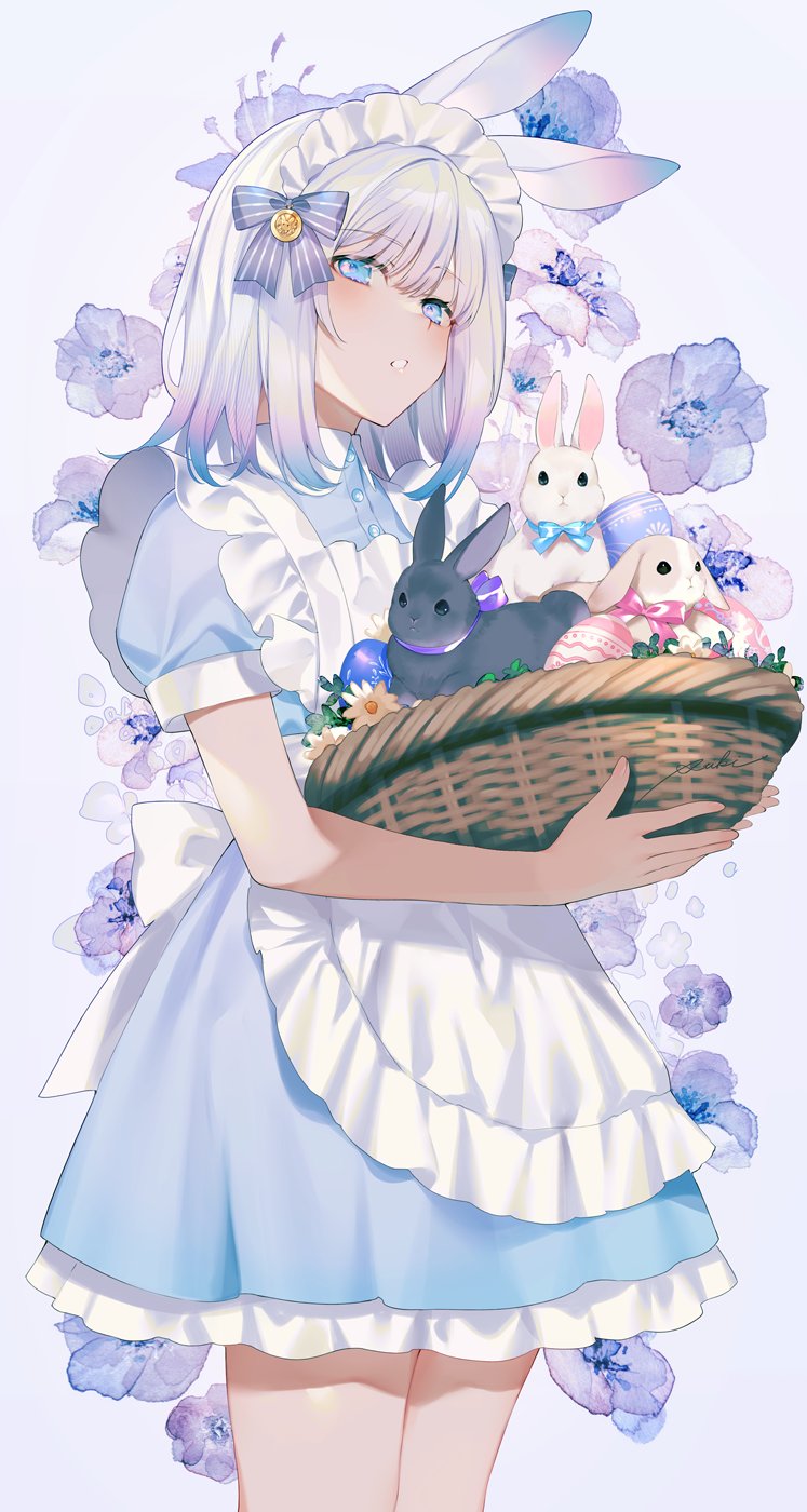 1girl :o achiki animal animal_ears apron back_bow bangs bare_arms basket blue_bow blue_dress blue_eyes blue_hair blush bob_cut bow buttons clothed_animal coin_hair_ornament collared_dress colored_tips dress easter easter_egg egg flat_chest floral_background gradient_fur gradient_hair hair_bow head_tilt highres holding holding_basket lipgloss looking_at_viewer looking_down maid_headdress multicolored_hair original pink_bow pink_hair purple_background purple_bow purple_hair rabbit rabbit_ears short_dress short_sleeves solo streaked_hair striped striped_bow symbol-only_commentary white_apron white_bow white_hair