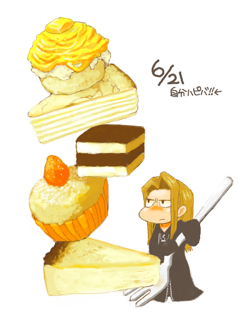 1boy arrow_(symbol) black_cloak black_eyes blonde_hair blush cake cake_slice chibi cloak closed_mouth commentary_request cupcake dated dessert food food_focus forehead fork fruit full_body hair_intakes half-closed_eyes holding holding_fork kinashi kingdom_hearts long_hair long_sleeves looking_up male_focus miniboy nose_blush sidelocks simple_background sleeves_past_fingers sleeves_past_wrists solo standing strawberry translation_request vexen white_background zipper