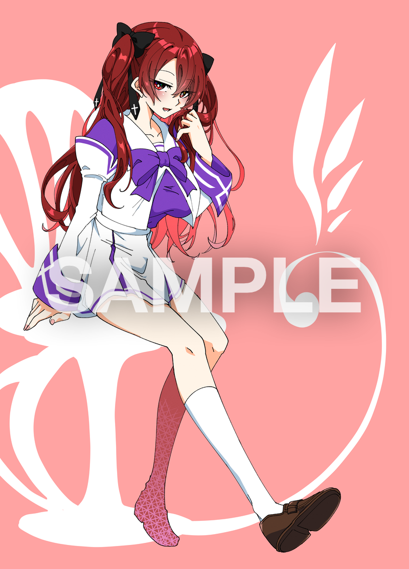 1girl bangs black_bow blush bow breasts brown_footwear chair collarbone commission english_commentary eyebrows_visible_through_hair hair_bow hakuryou_high_school_uniform kamon_rider large_breasts looking_at_viewer muvluv open_mouth original pink_background purple_bow red_bow sample_watermark school_uniform sitting skeb_commission skirt smile solo two_side_up white_skirt