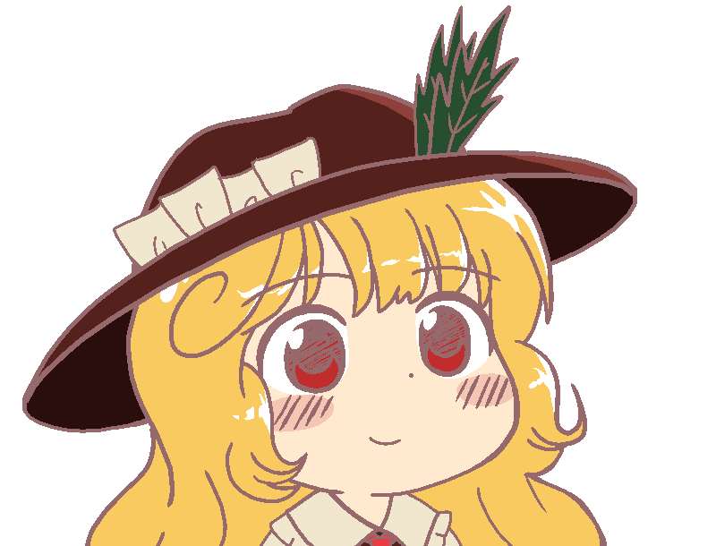 1girl ascot blonde_hair blush brown_headwear closed_mouth collared_shirt commentary_request dolls_in_pseudo_paradise eyebrows_visible_through_hair face fedora frilled_hat frilled_shirt_collar frills gyate_gyate happy hat hat_feather jacket_girl_(dipp) long_hair meme red_ascot red_eyes shirt smile touhou transparent_background user_eezx2438 very_long_hair
