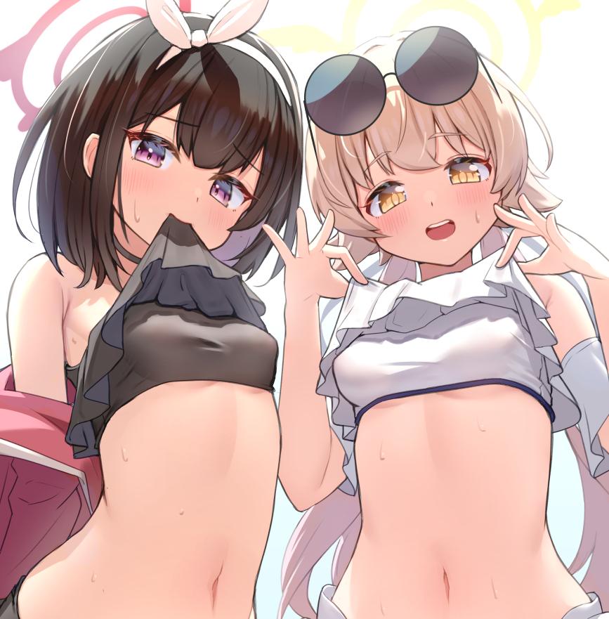 2girls :d bangs bare_shoulders bikini_lift black_choker blonde_hair blue_archive blush bow_hairband breasts brown_hair choker clothes_lift eyebrows_visible_through_hair eyewear_on_head hairband halo hands_up hifumi_(blue_archive) lifted_by_self long_hair looking_at_viewer mashiro_(blue_archive) medium_hair mouth_hold multiple_girls navel off_shoulder short_sleeves simple_background small_breasts smile stomach sunglasses twintails upper_body ushimittsu violet_eyes white_background yellow_eyes