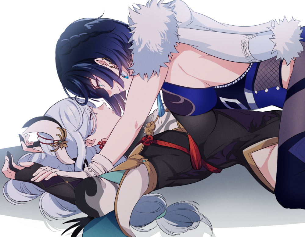 2girls black_gloves blue_dress blue_hair bodysuit braid braided_ponytail breast_press breasts bridal_gauntlets closed_mouth commentary dress earrings english_commentary eye_contact fingerless_gloves from_side fur_trim genshin_impact girl_on_top gloves hair_ornament jewelry large_breasts long_hair looking_at_another multicolored_hair multiple_girls negom partially_fingerless_gloves shenhe_(genshin_impact) short_hair silver_hair simple_background sleeveless sleeveless_dress two-tone_hair white_background white_gloves yelan_(genshin_impact) yuri