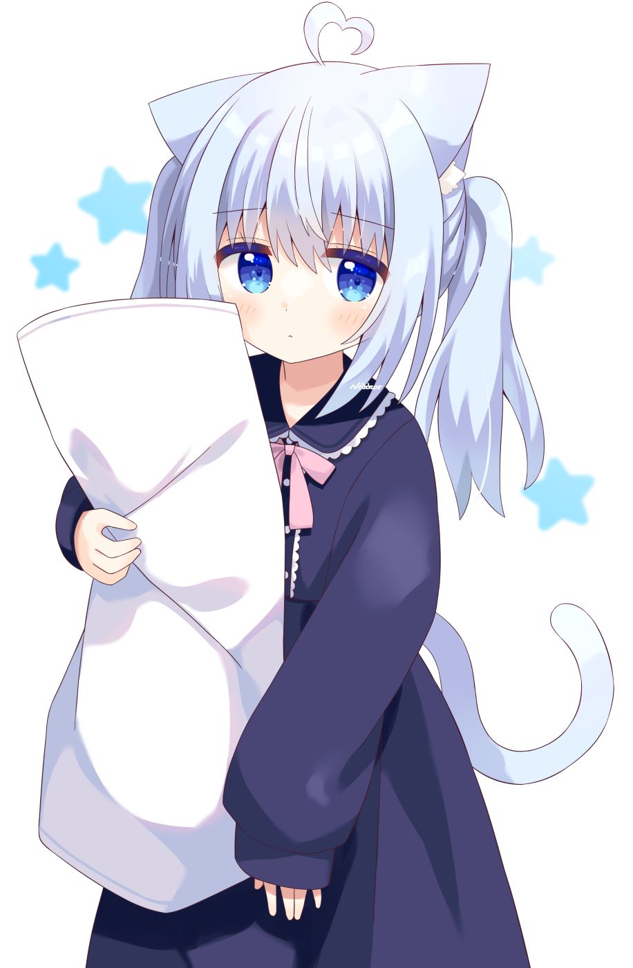 1girl ahoge animal_ear_fluff animal_ears bangs black_dress blue_eyes blue_hair blush bow cat_ears cat_girl cat_tail closed_mouth collared_dress commentary_request dress eyebrows_visible_through_hair hair_between_eyes heart_ahoge highres long_sleeves looking_at_viewer nakkar object_hug original pillow pillow_hug pink_bow puffy_long_sleeves puffy_sleeves simple_background sleeves_past_wrists solo starry_background tail twintails white_background