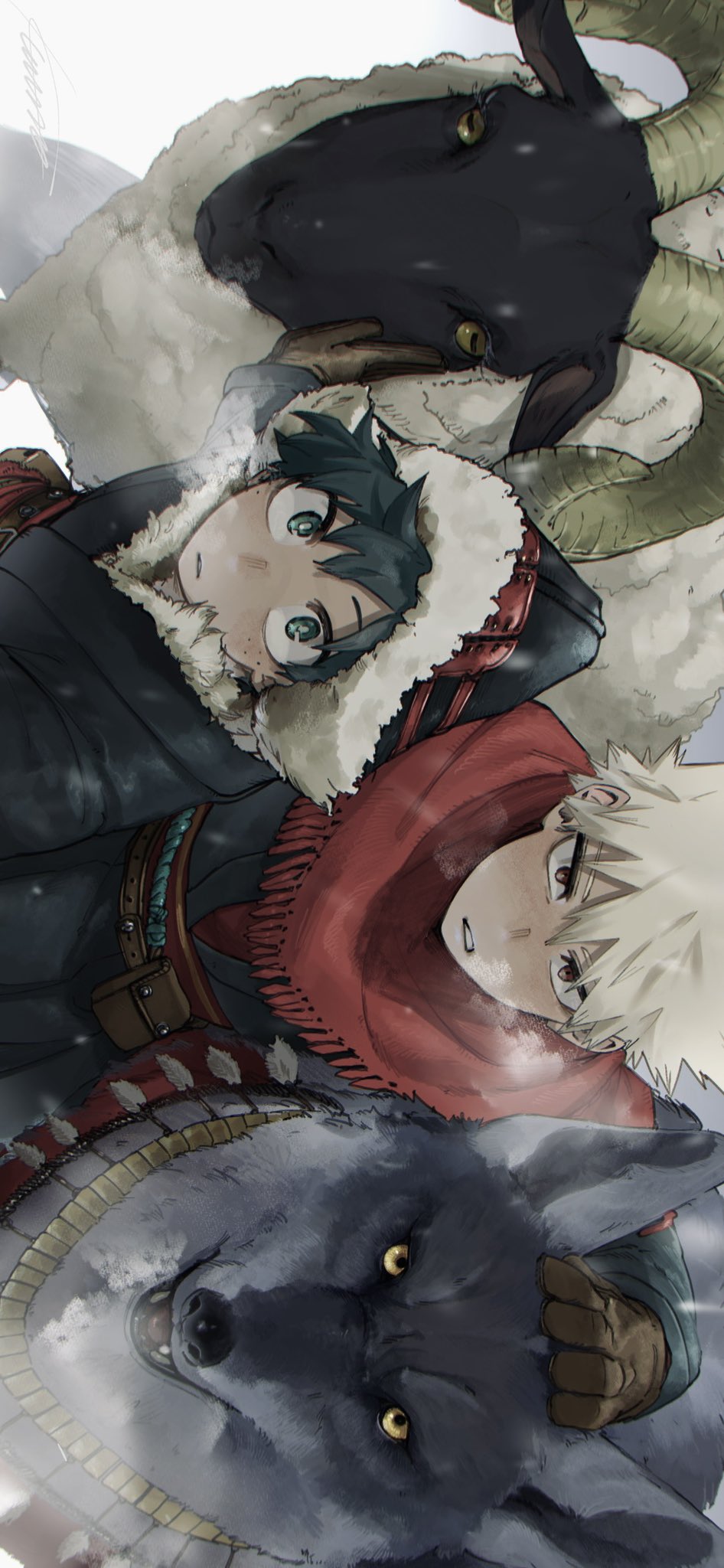 2boys animal bakugou_katsuki black_coat black_headwear blonde_hair boku_no_hero_academia breath brown_gloves coat commentary_request freckles fur-trimmed_headwear gloves green_eyes green_hair hand_on_another's_head hat highres horizontal_pupils horns kuwanosisyamo long_sleeves looking_at_viewer making-of_available male_focus midoriya_izuku multiple_boys official_alternate_costume open_mouth parted_lips red_eyes red_scarf scarf sheep short_hair sideways signature spiky_hair wolf yellow_eyes