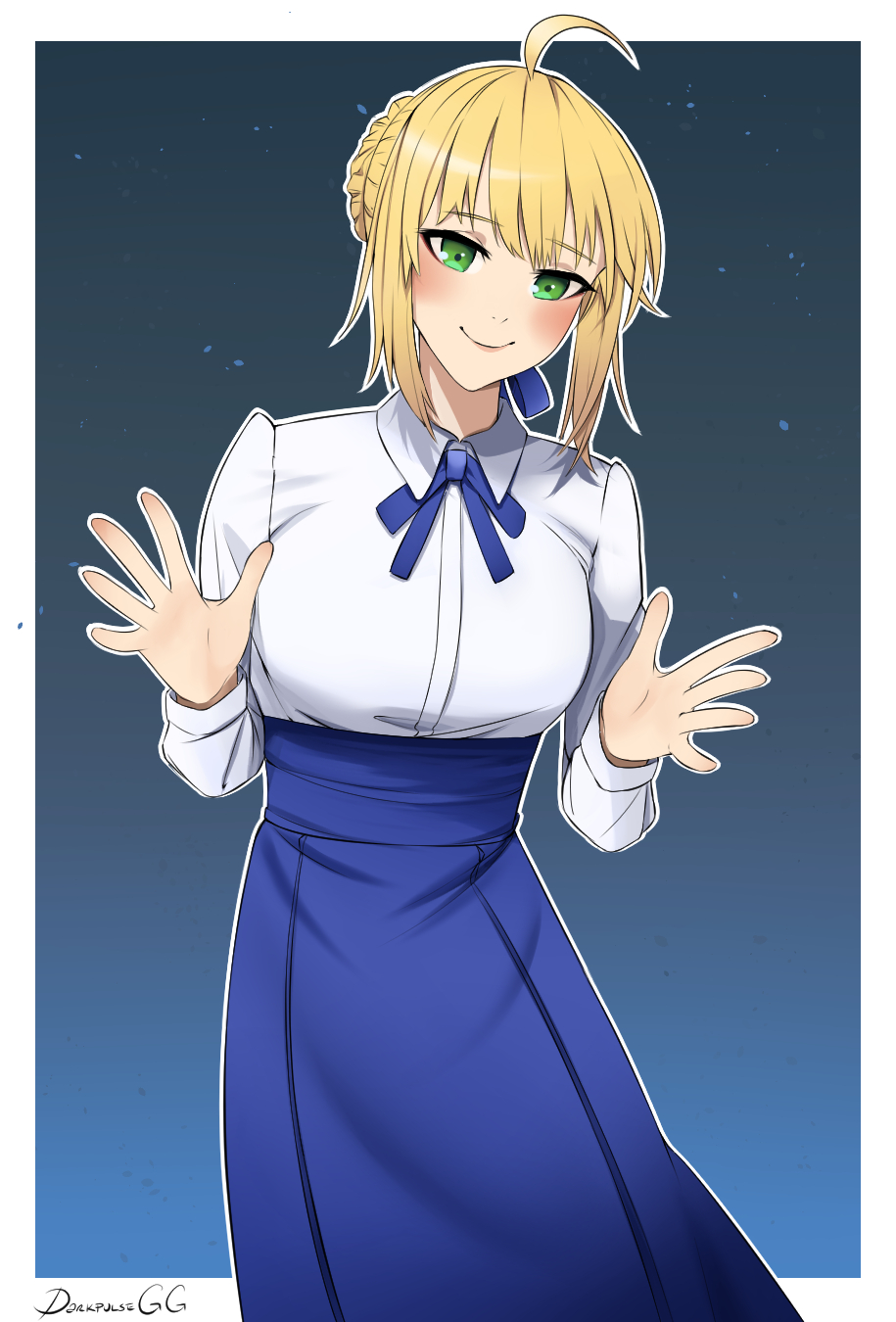 1girl artist_name artoria_pendragon_(fate) bangs blonde_hair blue_skirt blush breasts closed_mouth commission darkpulsegg english_commentary eyebrows_visible_through_hair fate/stay_night fate/zero fate_(series) green_eyes hair_ornament highres lips long_skirt long_sleeves looking_at_viewer medium_hair saber shirt simple_background skirt smile solo standing white_shirt