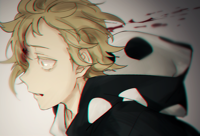 1boy blonde_hair blood blood_splatter death expressionless from_side headshot hood hood_down kagerou_project kano_shuuya male_focus nekome3 solo yellow_eyes