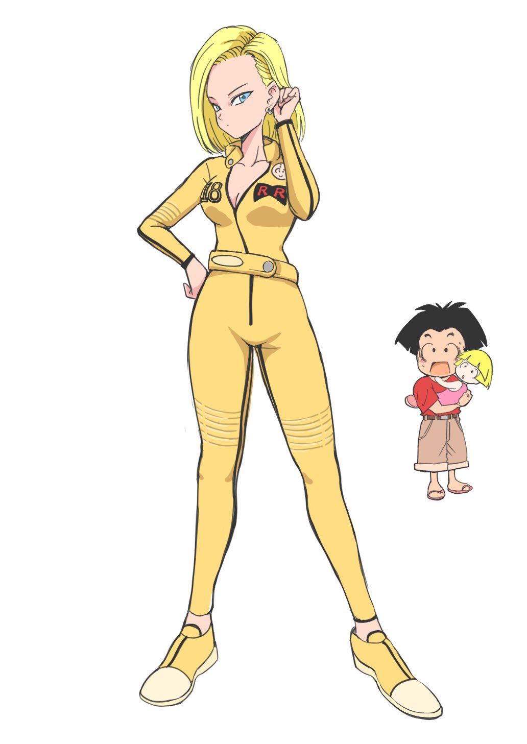 2girls android_18 belt blonde_hair blue_eyes bodysuit breasts closed_mouth dragon_ball dragon_ball_z earrings full_body highres jewelry kajino_(aosansai) kuririn looking_at_viewer marron multiple_girls open_mouth short_hair simple_background white_background yellow_bodysuit