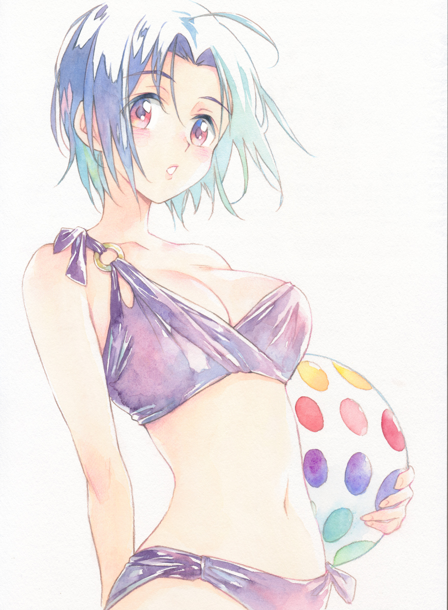 1girl agahari ball bikini blue_hair breasts eyebrows_visible_through_hair highres holding holding_ball idolmaster idolmaster_(classic) medium_breasts miura_azusa navel purple_bikini red_eyes short_hair solo swimsuit traditional_media