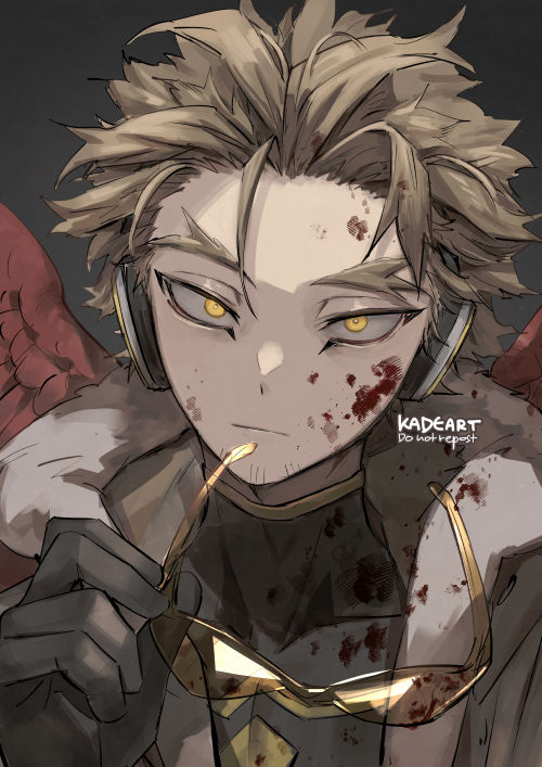 1boy :| adam's_apple black_gloves black_shirt blonde_hair blood blood_on_clothes blood_on_face boku_no_hero_academia bomber_jacket brown_jacket closed_mouth costume face facial_hair facial_mark feathered_wings fur-trimmed_jacket fur_trim gloves goatee hawks_(boku_no_hero_academia) headphones high_collar holding holding_eyewear jacket kadeart looking_at_viewer male_focus portrait red_feathers red_wings rimless_eyewear shirt short_hair skin_tight solo stubble thick_eyebrows tight tight_shirt tinted_eyewear twitter_username wings yellow_eyes