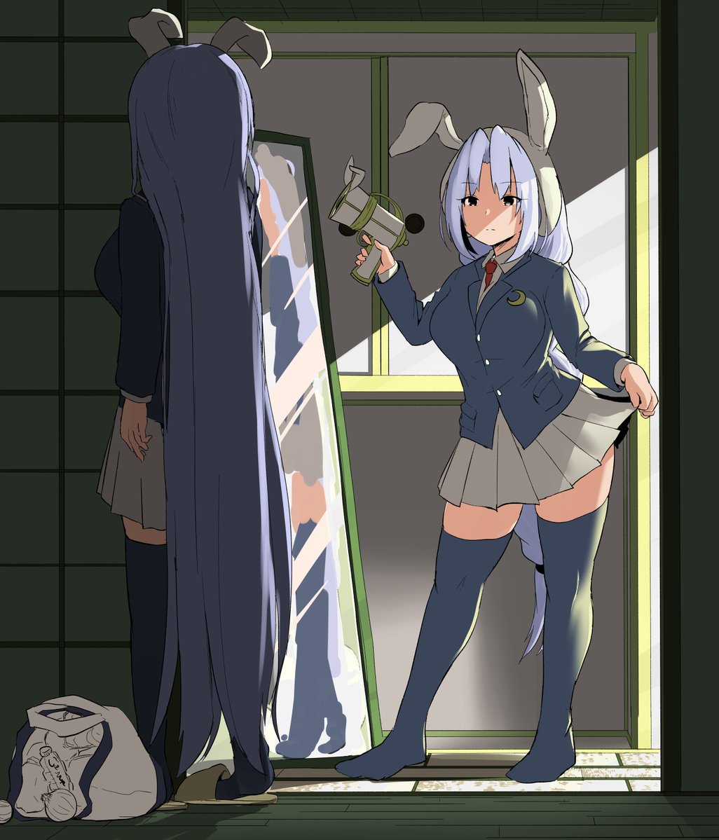 2girls absurdly_long_hair akure_ekuto alternate_costume animal_ears breasts contrapposto cosplay crescent crescent_pin facing_away full_body gun holding holding_gun holding_weapon indoors large_breasts light long_hair looking_at_another lunatic_gun mirror multiple_girls necktie pleated_skirt rabbit_ears reflection reisen_udongein_inaba reisen_udongein_inaba_(cosplay) sidelighting skirt standing thigh-highs touhou very_long_hair walk-in weapon yagokoro_eirin