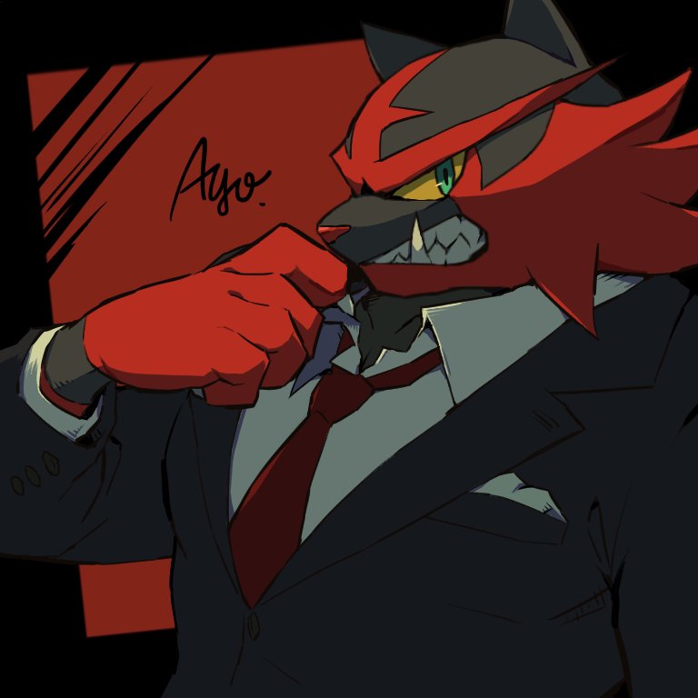 ayo_(ayosanri009) black_jacket claws clothed_pokemon collared_shirt colored_sclera commentary_request green_eyes hand_up incineroar jacket looking_at_viewer necktie pokemon pokemon_(creature) red_necktie sharp_teeth shirt signature solo teeth upper_body white_shirt yellow_sclera