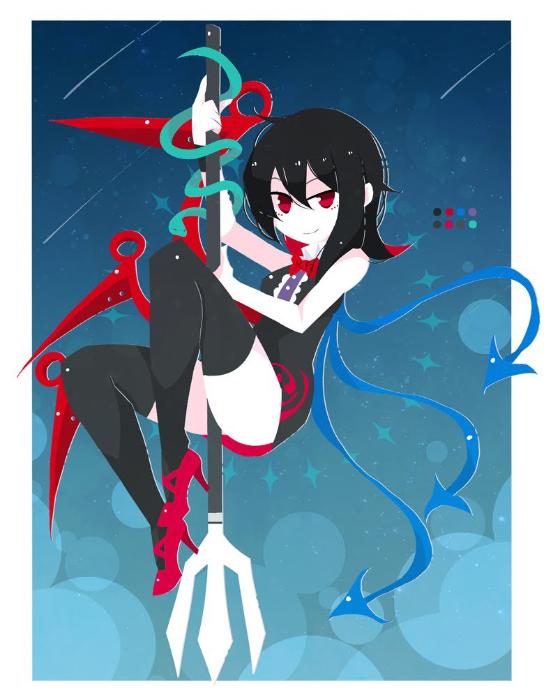 1girl asymmetrical_wings black_dress black_hair black_legwear blue_wings border bow bowtie breasts buttons center_frills closed_mouth commentary_request dress frills full_body high_heels holding holding_polearm holding_weapon houjuu_nue nosada polearm red_bow red_bowtie red_eyes red_footwear red_wings short_dress short_hair sleeveless sleeveless_dress small_breasts smile snake thigh-highs tomoe_(symbol) touhou trident weapon white_border wings