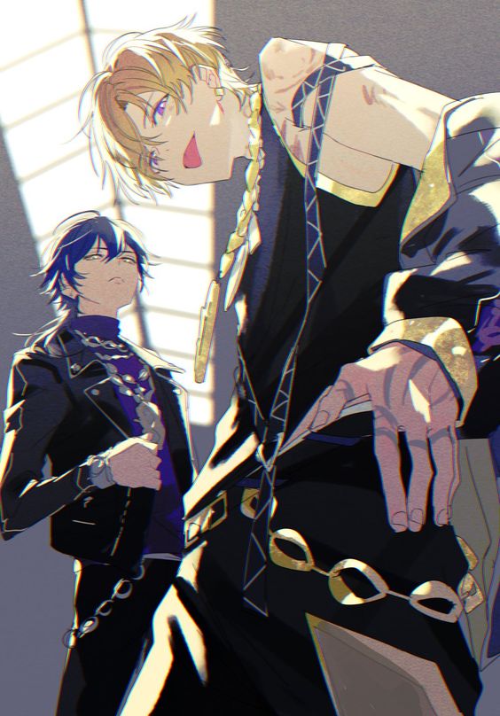 2boys bad_id bad_twitter_id blonde_hair blue_hair kuzuryu_chisei looking_at_viewer looking_down looking_to_the_side male_focus matching_outfit multiple_boys paradox_live scar shingu_haruomi tongue tongue_out ugonba_(howatoro) violet_eyes yellow_eyes