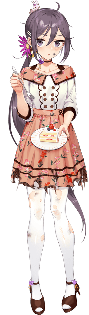 1girl akebono_(kancolle) akebono_kai_ni_(kancolle) alternate_costume animal bell cake cake_slice collarbone defeat dress drew_(drew213g) eyebrows_visible_through_hair flower food fork full_body hair_bell hair_between_eyes hair_flower hair_ornament holding holding_fork holding_plate jingle_bell kantai_collection long_hair official_art pantyhose plate purple_flower purple_hair rabbit side_ponytail solo source_request torn_clothes torn_legwear transparent_background violet_eyes white_legwear