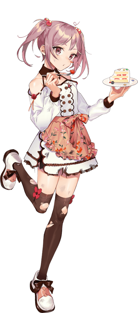 1girl alternate_costume cake cake_slice defeat drew_(drew213g) food fork full_body hair_bobbles hair_ornament holding holding_fork holding_plate kantai_collection long_sleeves official_art pet pink_eyes pink_hair plate sazanami_(kancolle) shoes short_hair solo thigh-highs torn_clothes torn_legwear transparent_background twintails v white_footwear white_legwear