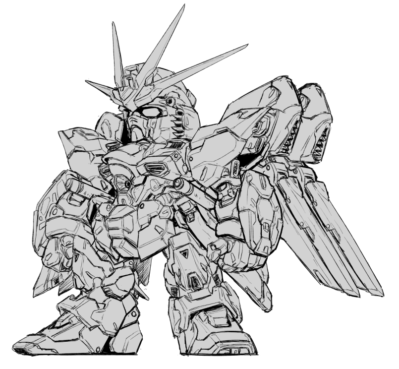 chibi chinese_commentary destiny_gundam greyscale gundam gundam_seed gundam_seed_destiny looking_ahead mecha mechanical_wings mobile_suit monochrome no_humans science_fiction sfss solo standing v-fin white_background wings