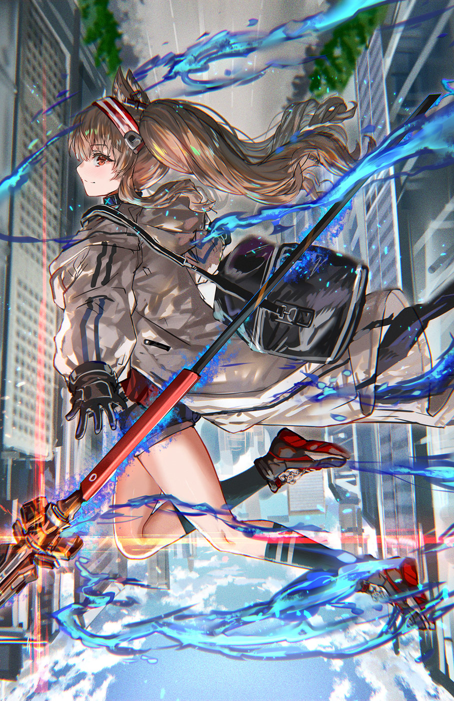 1girl angelina_(arknights) animal_ears arknights bag black_footwear black_gloves black_legwear black_shorts blue_fire blue_sky brown_hair building city closed_mouth coat day duffel_bag fire fox_ears from_side full_body gloves hairband highres kneehighs lens_flare long_hair long_sleeves looking_at_viewer looking_to_the_side open_clothes open_coat outdoors ran'ou_(tamago_no_kimi) red_eyes red_hairband shoes short_shorts shorts shoulder_bag sideways_glance sky smile sneakers solo staff twintails two-tone_hairband upside-down white_coat