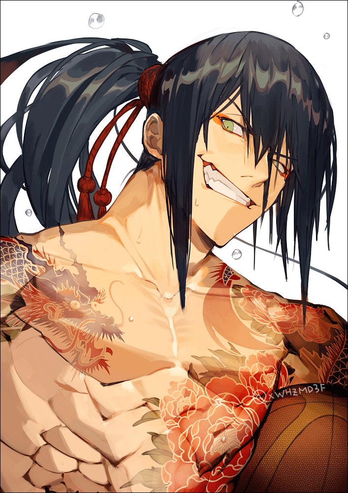 1boy bangs basketball black_hair commentary_request dragon_tattoo eyeshadow fate/grand_order fate_(series) flower_tattoo green_eyes hair_between_eyes long_hair looking_at_viewer makeup male_focus ponytail red_eyeshadow simple_background smile solo sweat tansaninryou tattoo teeth toned toned_male topless_male twitter_username upper_body very_long_hair white_background yan_qing_(fate)