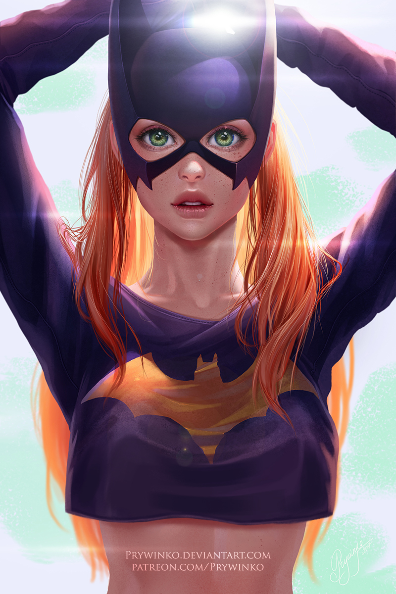 1girl artist_name backlighting batgirl batman_(series) breasts crop_top dc_comics diffraction_spikes freckles green_eyes hat highres lips long_hair looking_at_viewer mask parted_lips prywinko realistic solo teeth upper_body watermark web_address