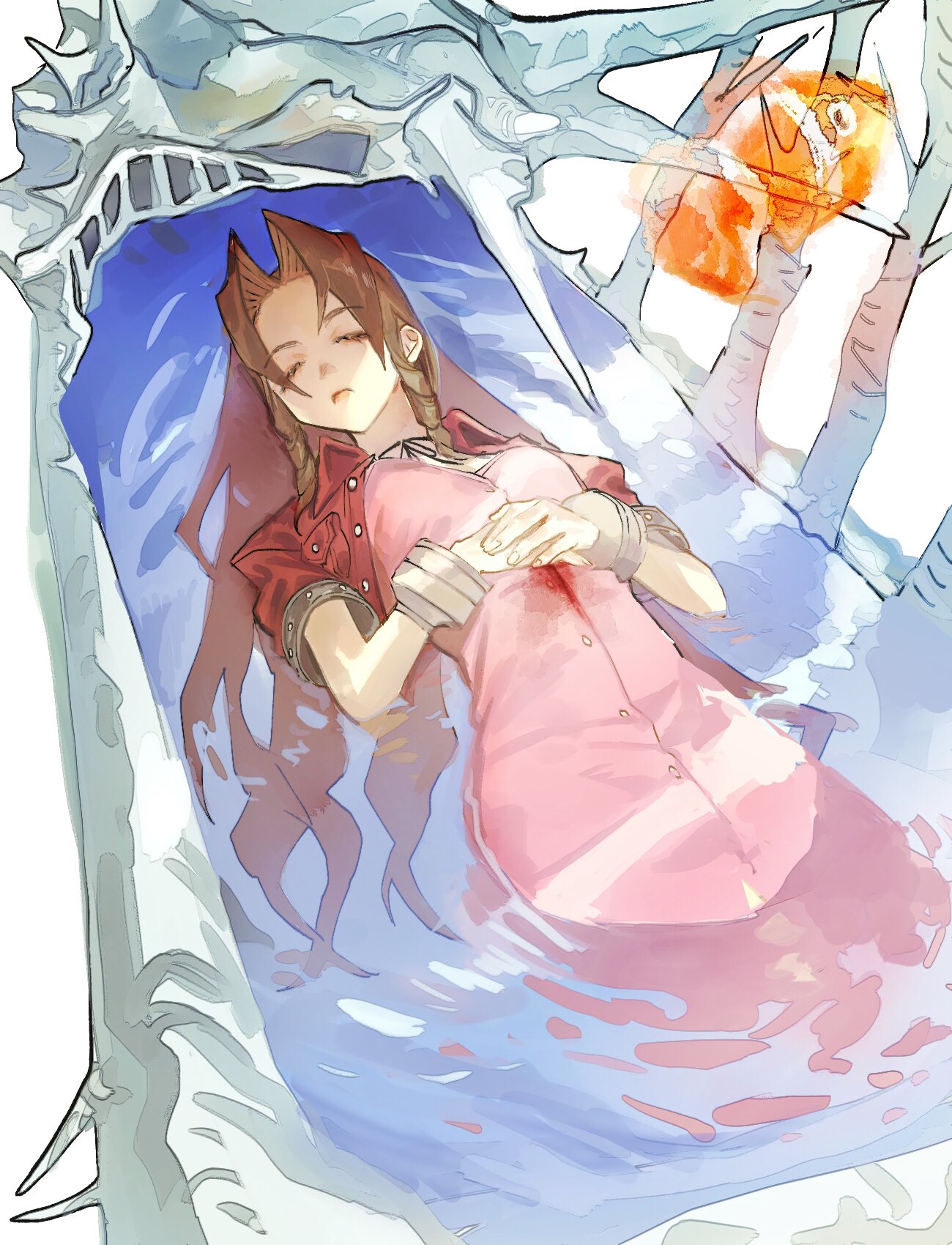 1girl aerith_gainsborough bangs blood blood_on_clothes breasts buttons choker closed_eyes conch cropped_jacket death dress final_fantasy final_fantasy_vii hair_down highres jacket koi long_dress long_hair medium_breasts own_hands_together parted_bangs partially_submerged pink_dress red_jacket sidelocks solo talesofmea upper_body wavy_hair