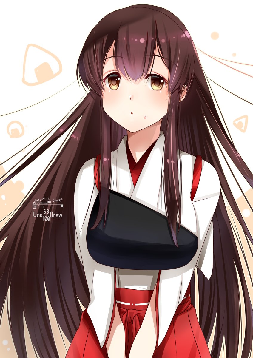 1girl akagi_(kancolle) akagi_(kantai_collection) breasts brown_eyes brown_hair cowboy_shot eyebrows_visible_through_hair food food_on_face hair_between_eyes hakama hakama_skirt highres japanese_clothes kantai_collection kimura_shiki large_breasts long_hair long_sleeves muneate onigiri red_hakama rice signature skirt solo twitter_username wide_sleeves