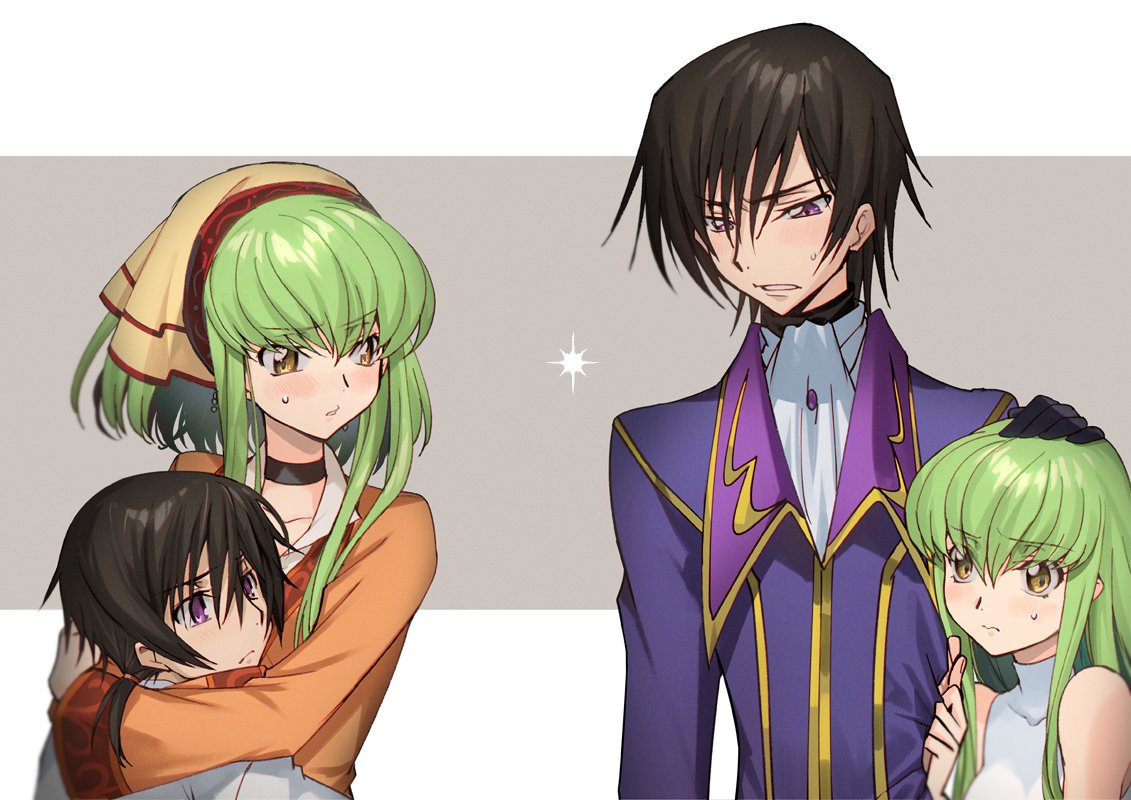 2boys 2girls arms_around_neck ascot bandana brown_hair c.c. choker clutching_clothes code_geass creayus green_hair grey_background hair_between_eyes hand_on_another's_head hug jacket lelouch_lamperouge long_hair multiple_boys multiple_girls orange_shirt parted_lips ponytail purple_jacket shirt short_hair sidelocks sweatdrop turtleneck upper_body violet_eyes white_shirt yellow_eyes younger