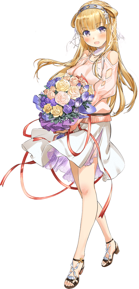 1girl blonde_hair bouquet breasts double_bun dress fletcher_(kancolle) flower full_body hair_ornament hair_ribbon hairband holding holding_bouquet kantai_collection large_breasts long_hair net official_alternate_costume official_art ribbon skirt smile solo star_(symbol) star_hair_ornament transparent_background veil violet_eyes white_skirt zeco